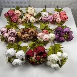 Buquê de flores de peônia de seda artificial com 13 cabeças para decoração de casamento em casa